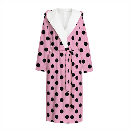 Pink And Black Polka Dot Pattern Print Hooded Bathrobe