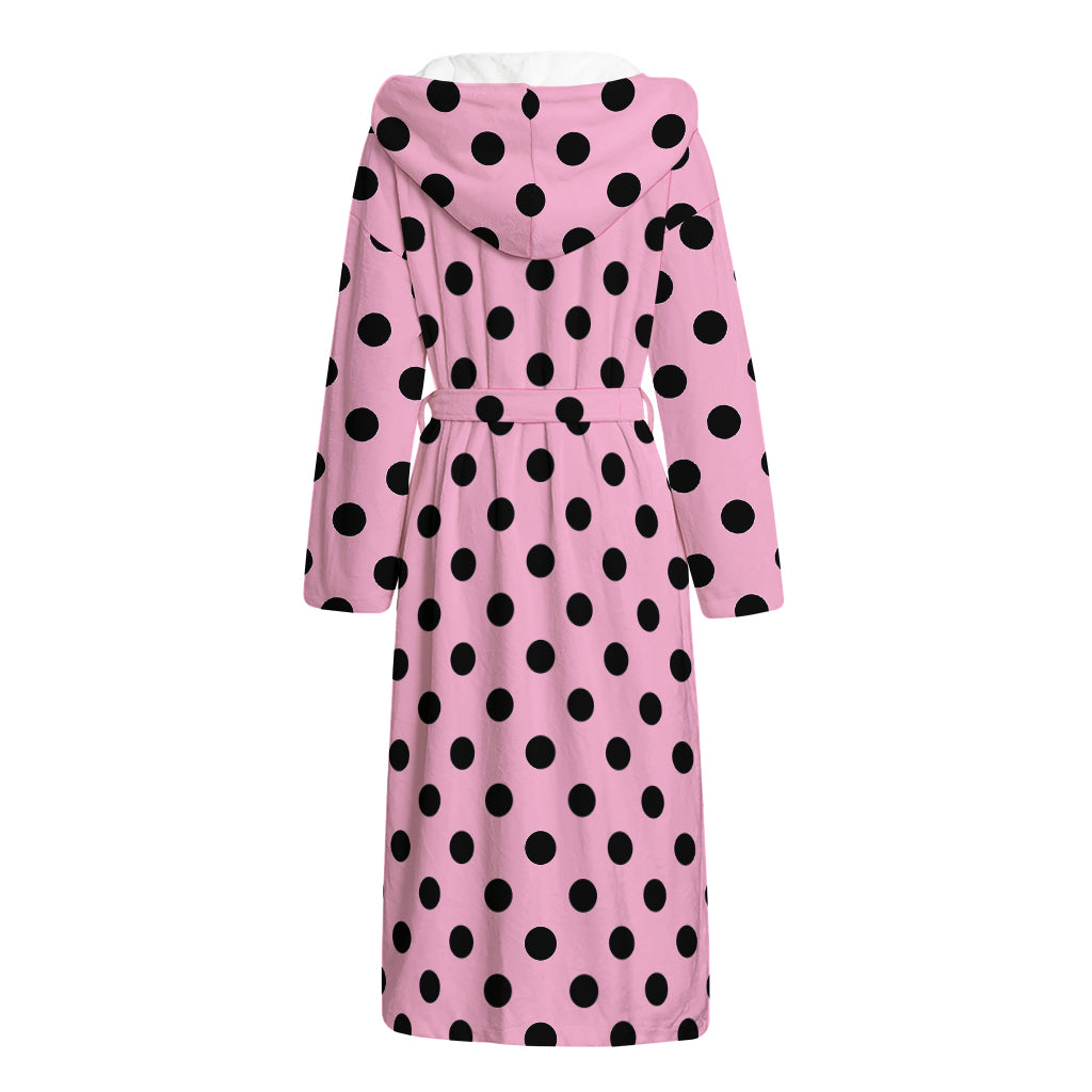 Pink And Black Polka Dot Pattern Print Hooded Bathrobe