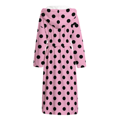 Pink And Black Polka Dot Pattern Print Hooded Bathrobe