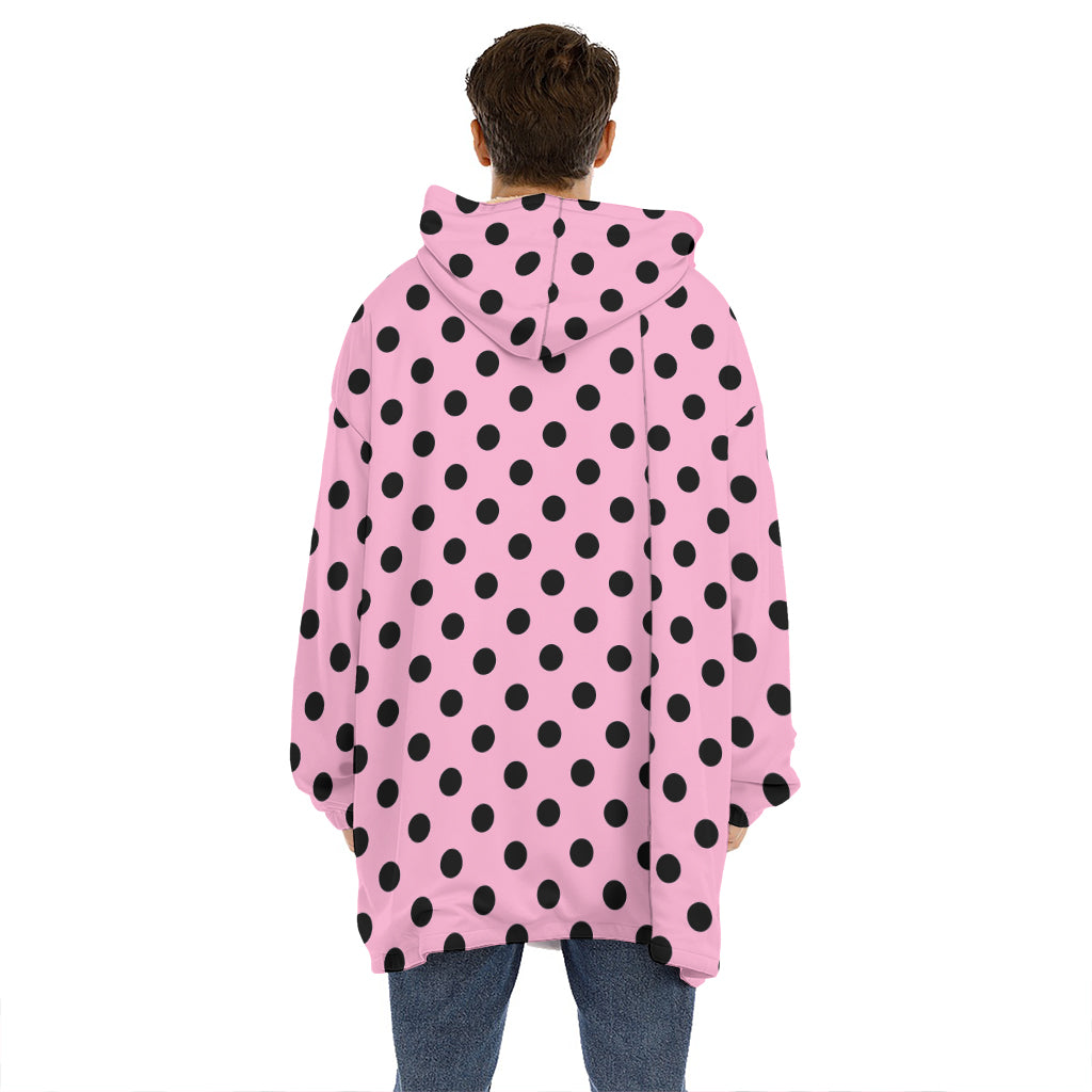 Pink And Black Polka Dot Pattern Print Hoodie Blanket