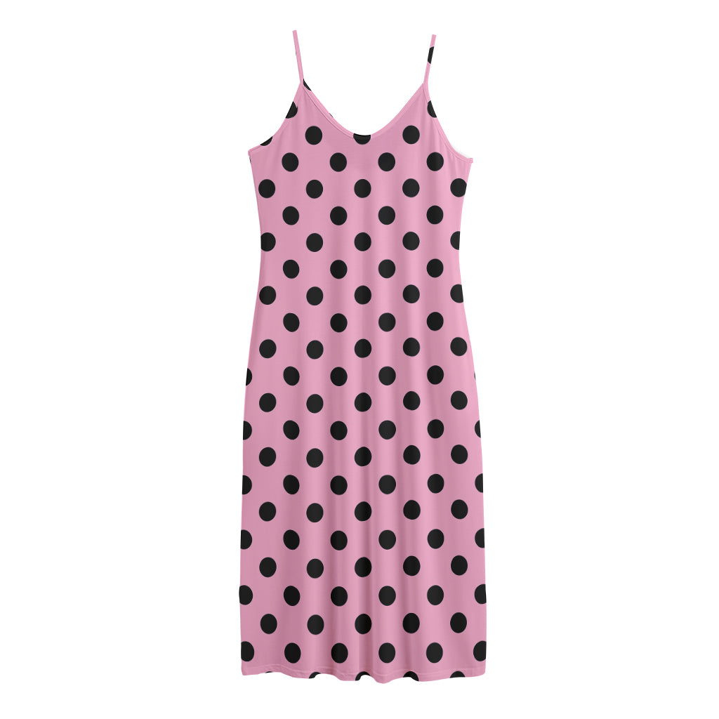 Pink And Black Polka Dot Pattern Print Jersey Midi Cami Dress