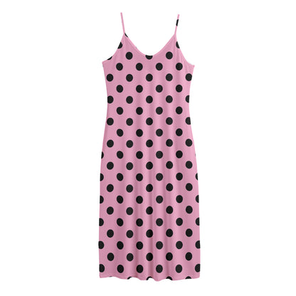 Pink And Black Polka Dot Pattern Print Jersey Midi Cami Dress