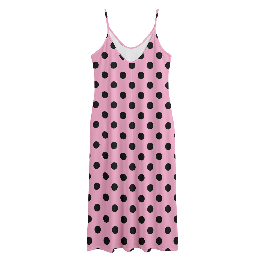 Pink And Black Polka Dot Pattern Print Jersey Midi Cami Dress