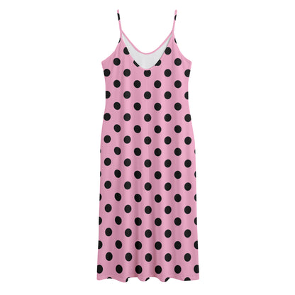 Pink And Black Polka Dot Pattern Print Jersey Midi Cami Dress