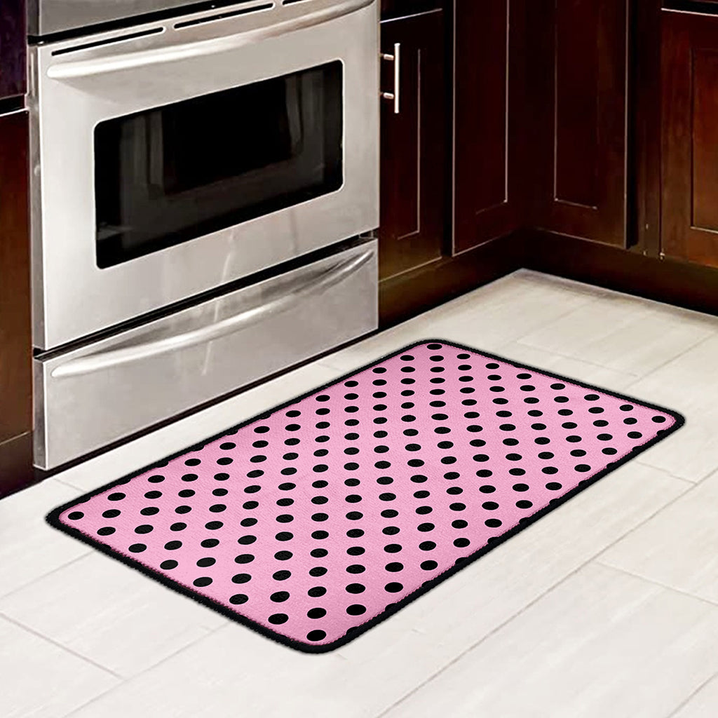 Pink And Black Polka Dot Pattern Print Kitchen Mat