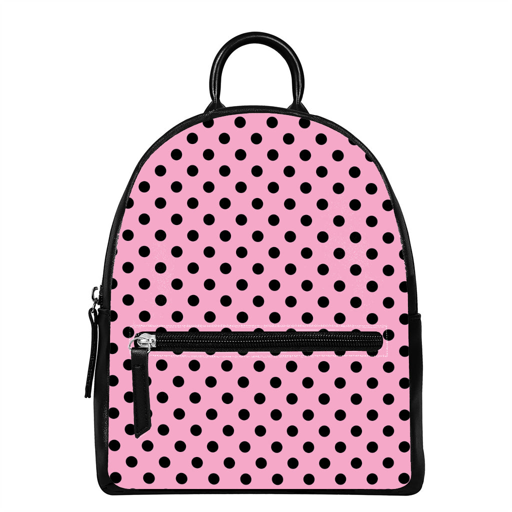 Pink And Black Polka Dot Pattern Print Leather Backpack