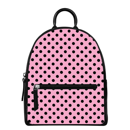 Pink And Black Polka Dot Pattern Print Leather Backpack