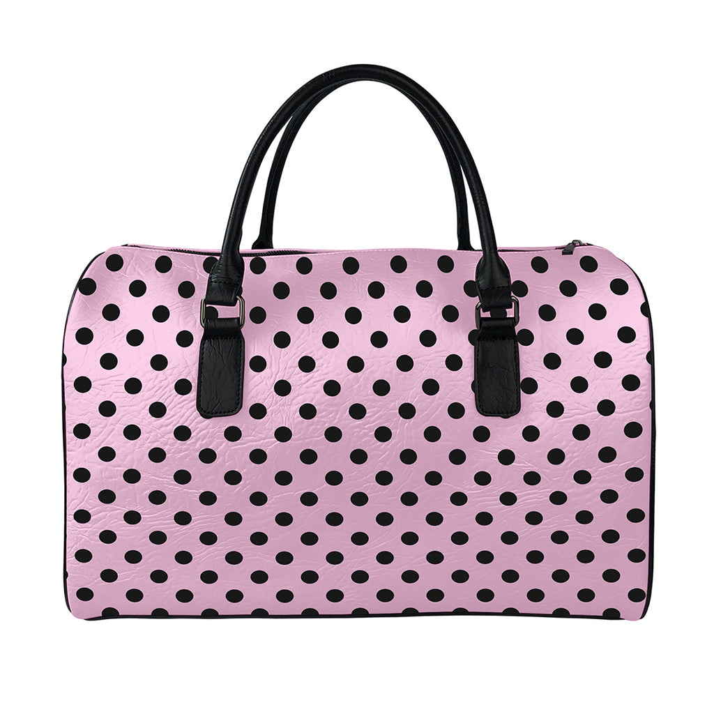 Pink And Black Polka Dot Pattern Print Leather Duffle Bag