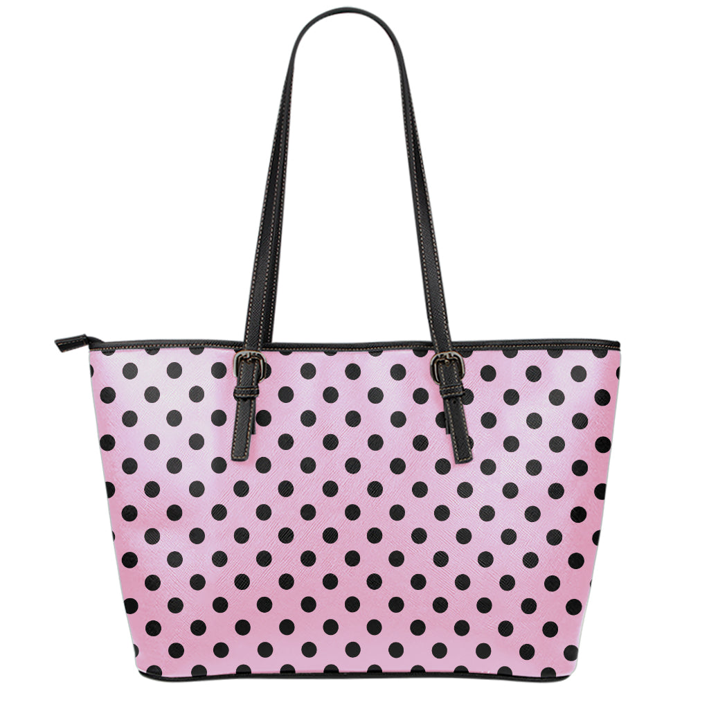 Pink And Black Polka Dot Pattern Print Leather Tote Bag