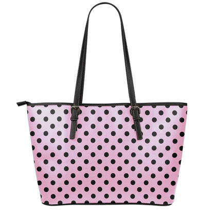 Pink And Black Polka Dot Pattern Print Leather Tote Bag
