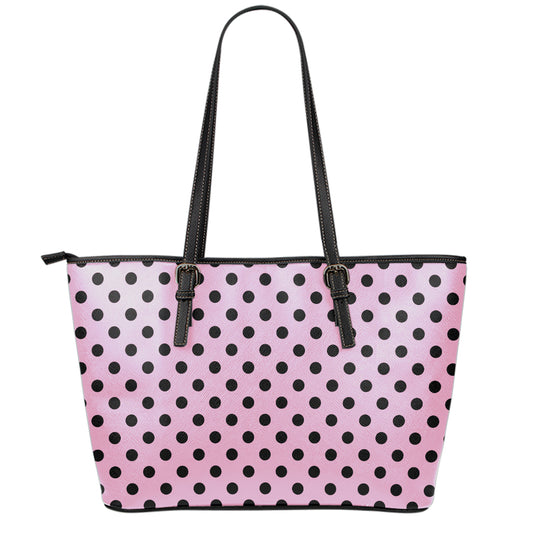 Pink And Black Polka Dot Pattern Print Leather Tote Bag