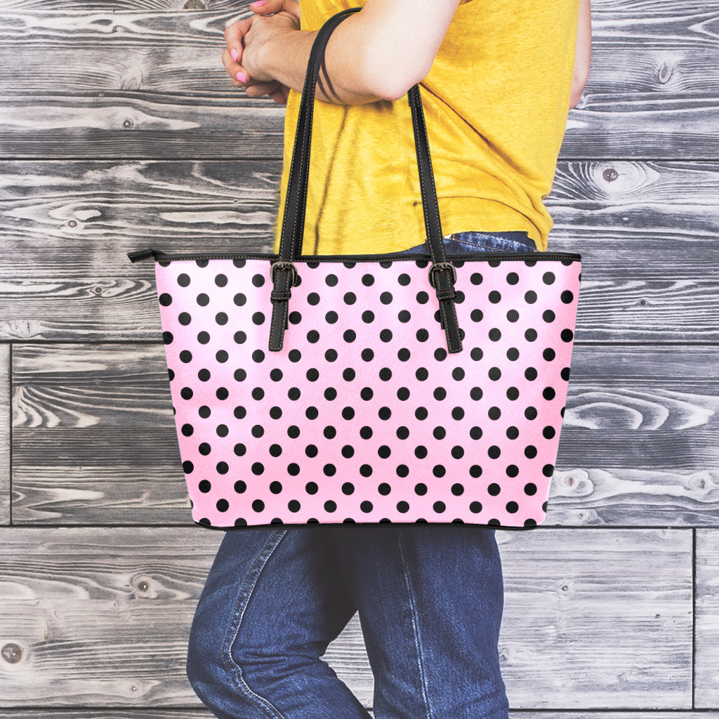 Pink And Black Polka Dot Pattern Print Leather Tote Bag