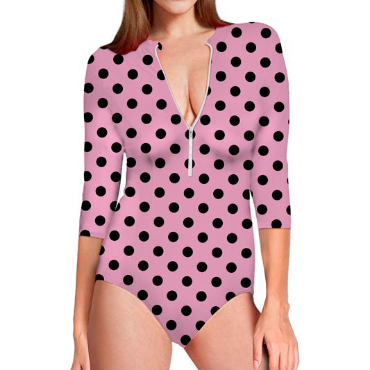 Pink And Black Polka Dot Pattern Print Long Sleeve Swimsuit