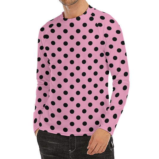 Pink And Black Polka Dot Pattern Print Men's Long Sleeve Rash Guard