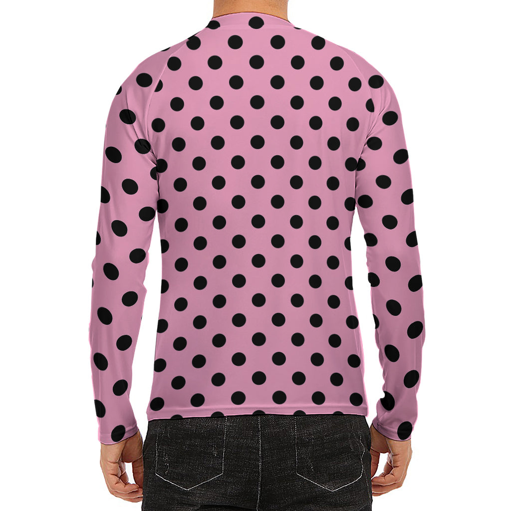 Pink And Black Polka Dot Pattern Print Men's Long Sleeve Rash Guard