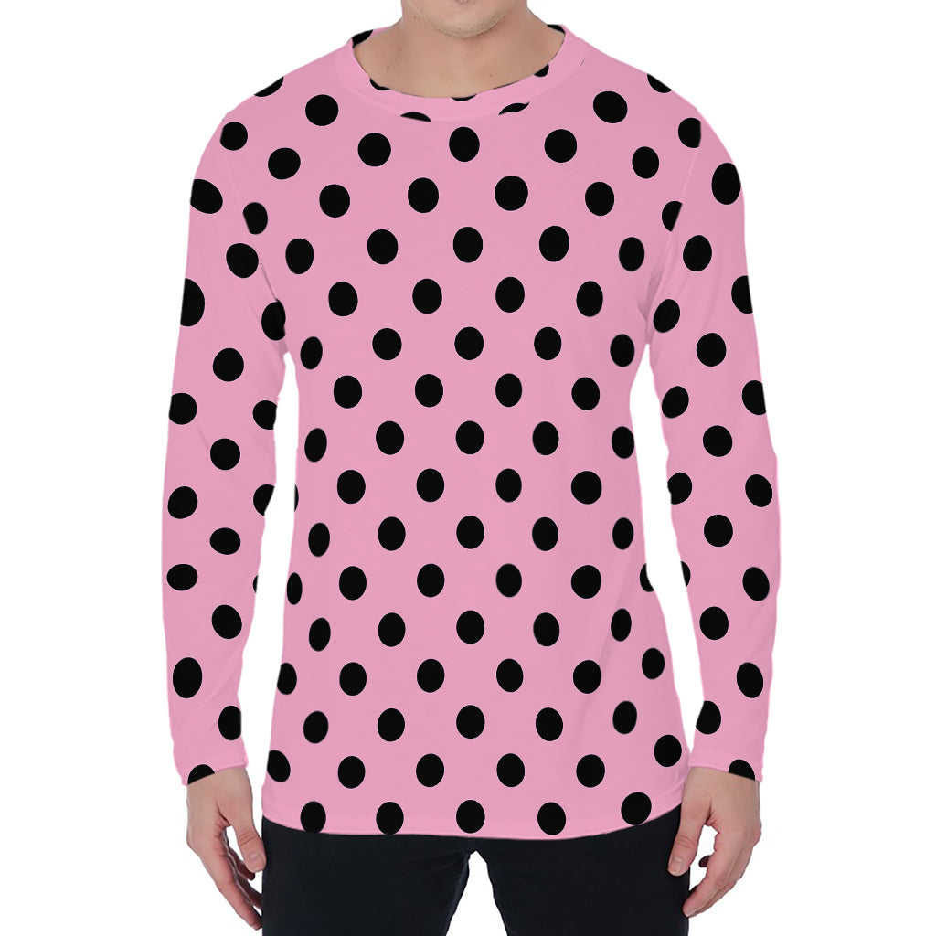 Pink And Black Polka Dot Pattern Print Men's Long Sleeve T-Shirt