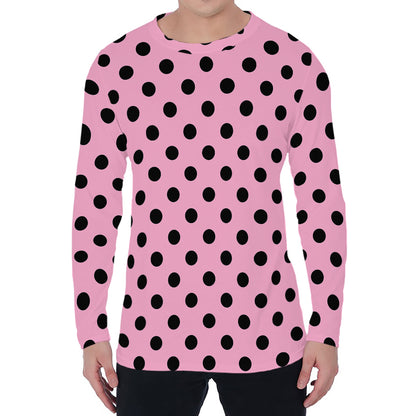 Pink And Black Polka Dot Pattern Print Men's Long Sleeve T-Shirt