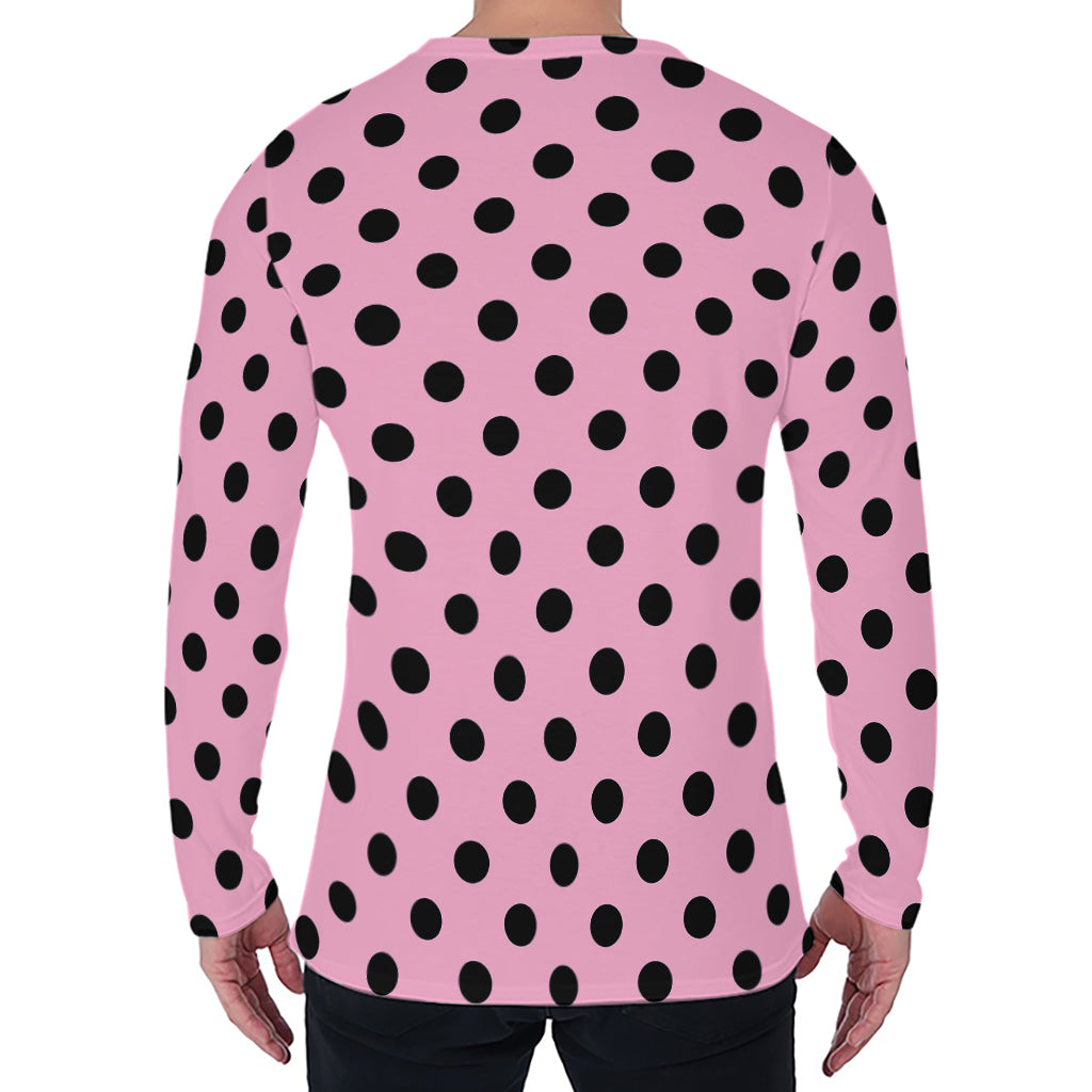 Pink And Black Polka Dot Pattern Print Men's Long Sleeve T-Shirt