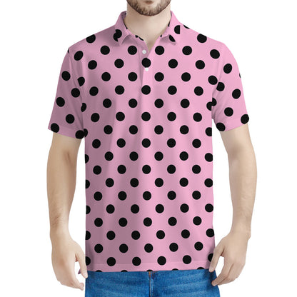 Pink And Black Polka Dot Pattern Print Men's Polo Shirt