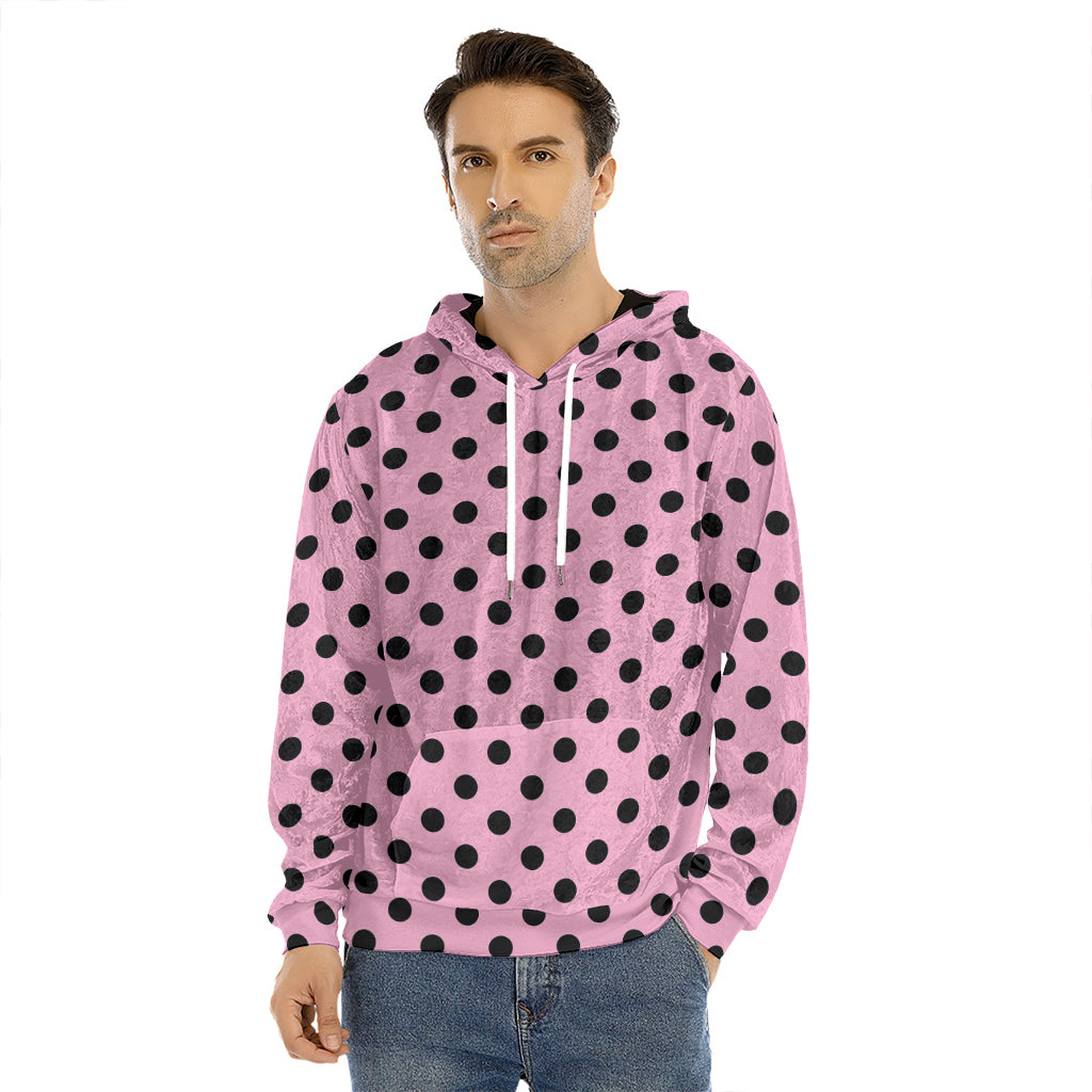 Pink And Black Polka Dot Pattern Print Men's Velvet Pullover Hoodie