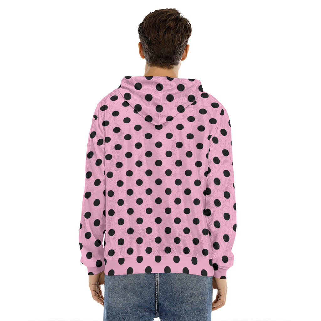 Pink And Black Polka Dot Pattern Print Men's Velvet Pullover Hoodie