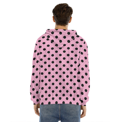 Pink And Black Polka Dot Pattern Print Men's Velvet Pullover Hoodie