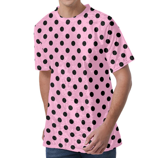 Pink And Black Polka Dot Pattern Print Men's Velvet T-Shirt