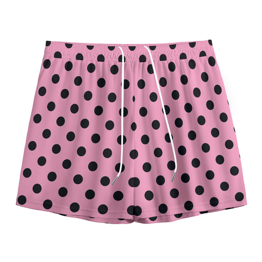Pink And Black Polka Dot Pattern Print Mesh Shorts