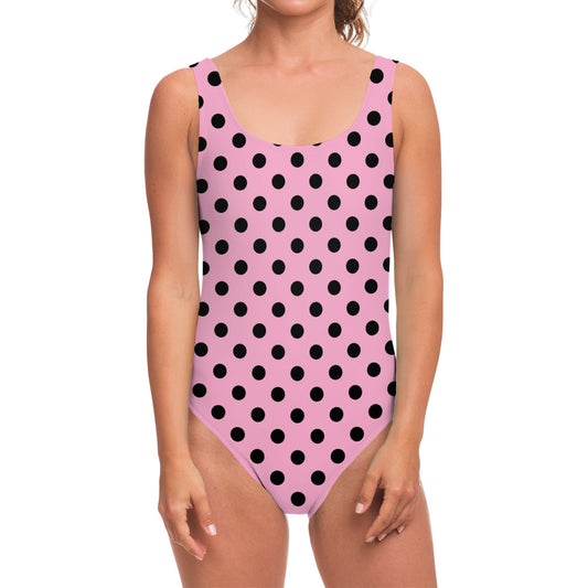Pink And Black Polka Dot Pattern Print One Piece Swimsuit