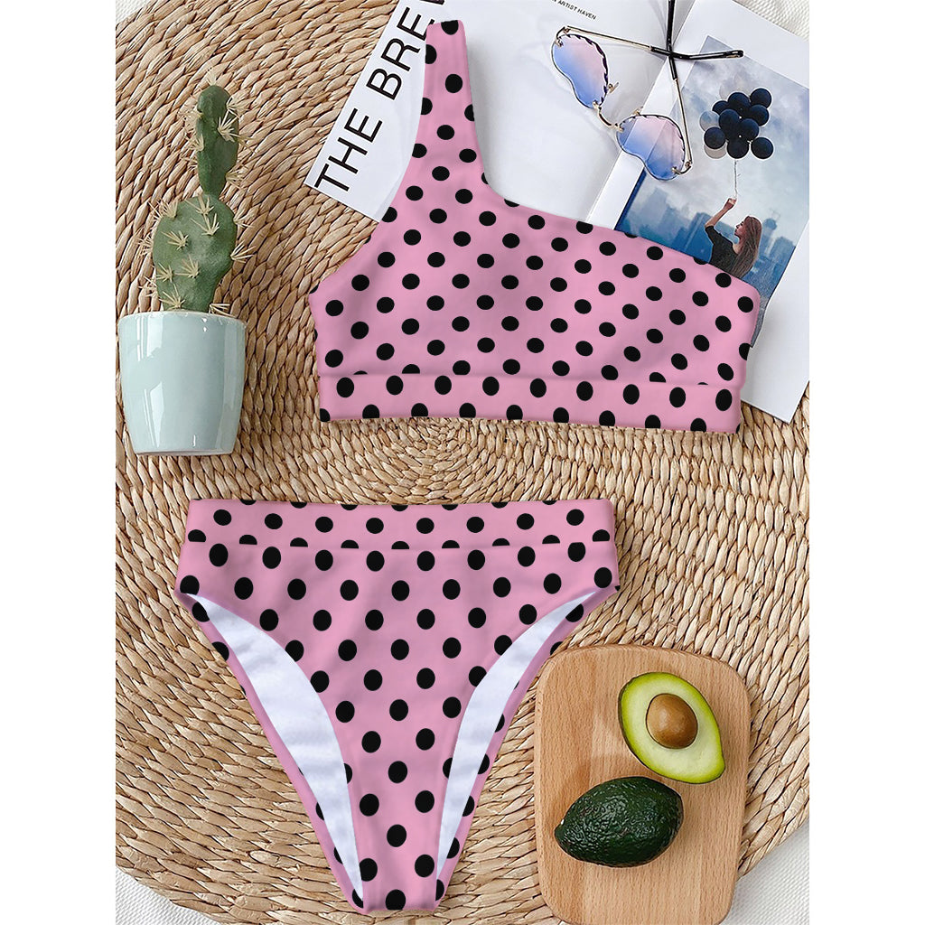 Pink And Black Polka Dot Pattern Print One Shoulder Bikini Top