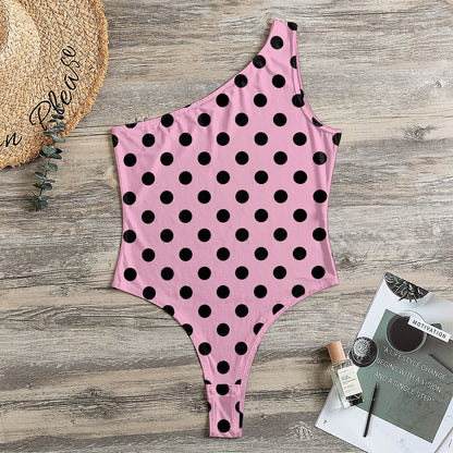 Pink And Black Polka Dot Pattern Print One Shoulder Bodysuit