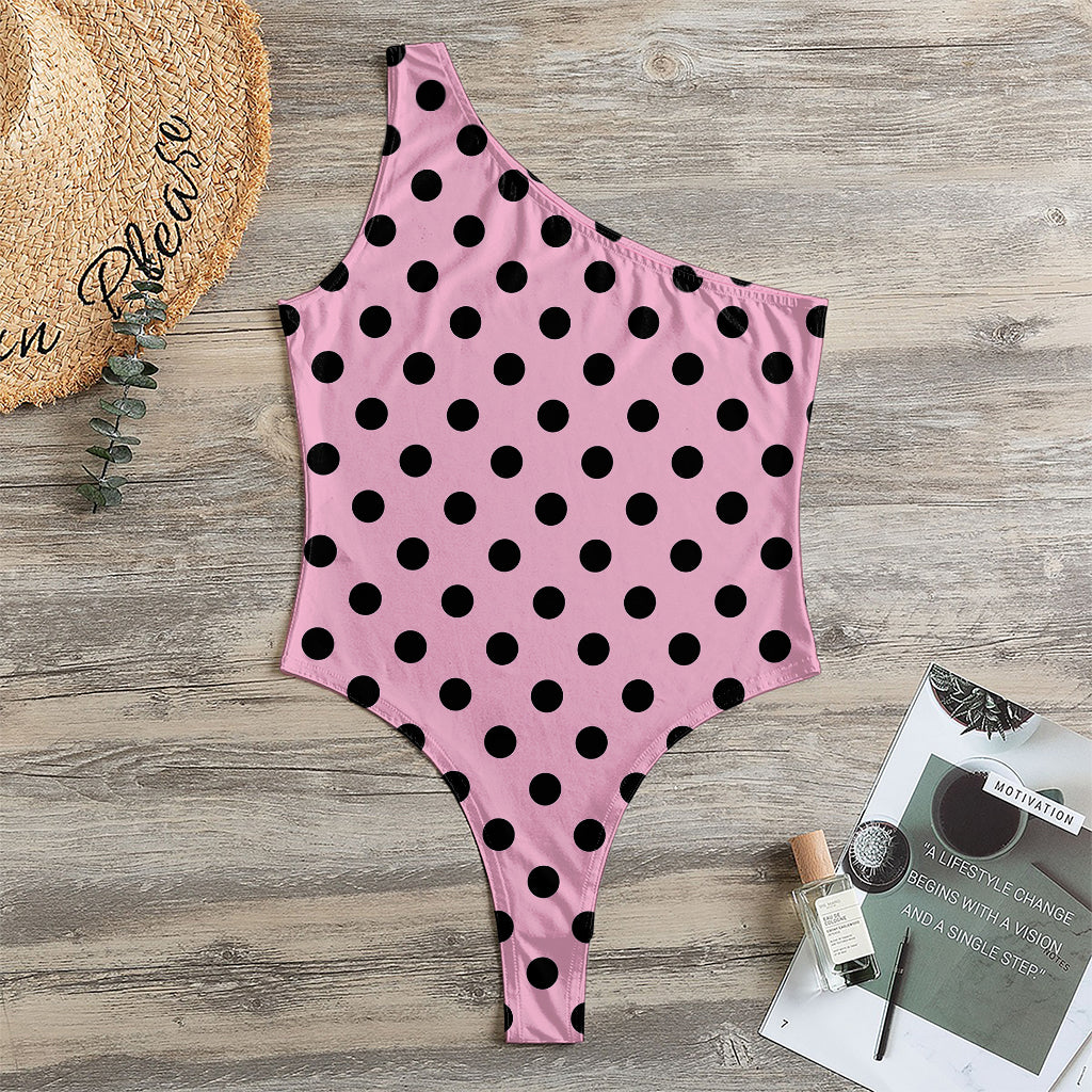 Pink And Black Polka Dot Pattern Print One Shoulder Bodysuit