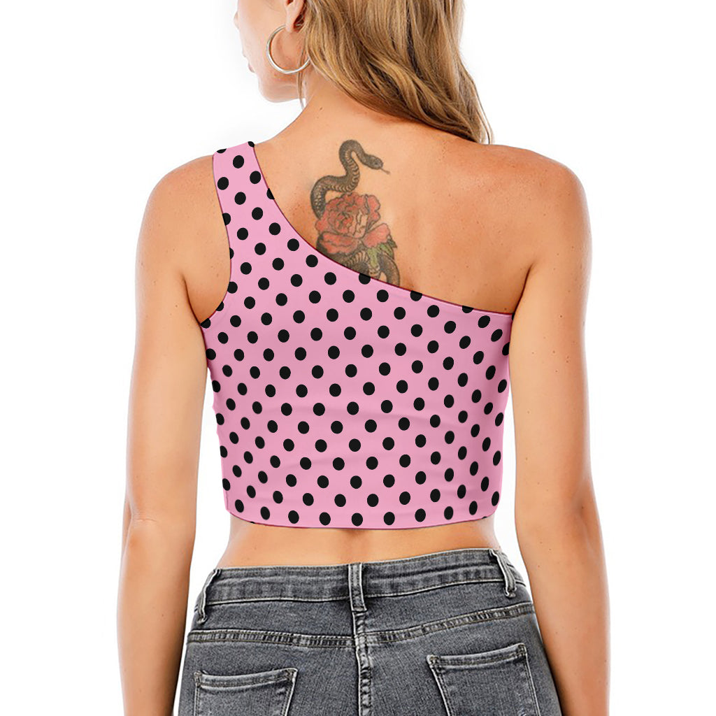 Pink And Black Polka Dot Pattern Print One Shoulder Crop Top