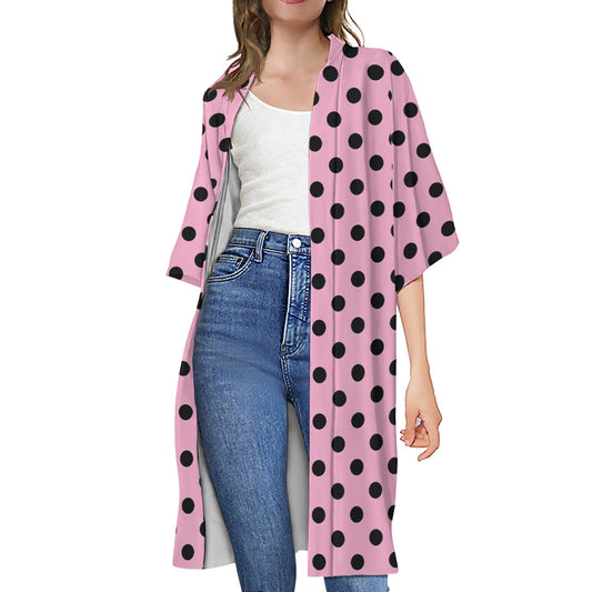 Pink And Black Polka Dot Pattern Print Open Front Beach Cover Up