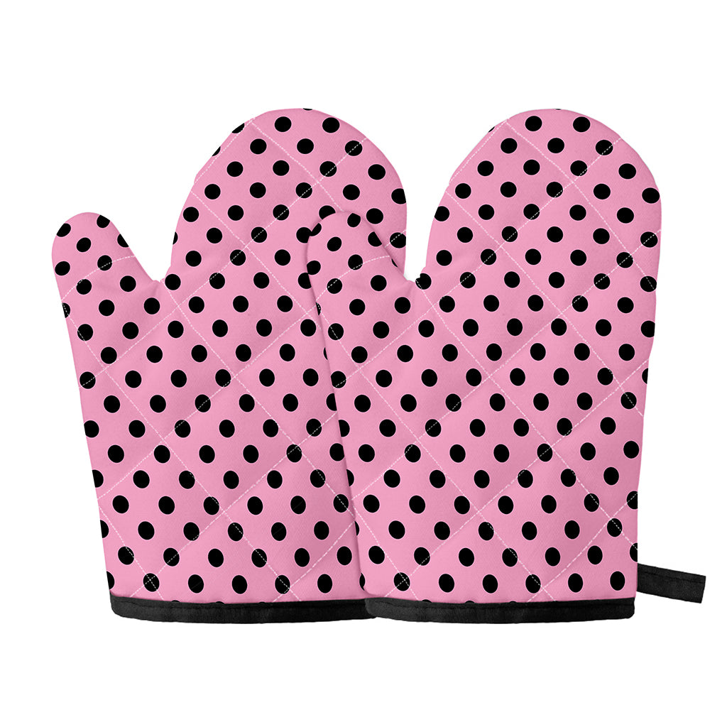 Pink And Black Polka Dot Pattern Print Oven Mitts