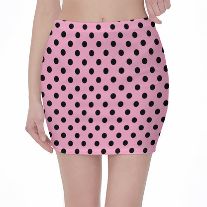 Pink And Black Polka Dot Pattern Print Pencil Mini Skirt
