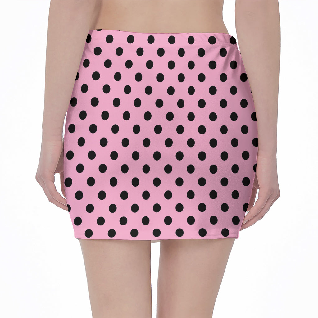Pink And Black Polka Dot Pattern Print Pencil Mini Skirt