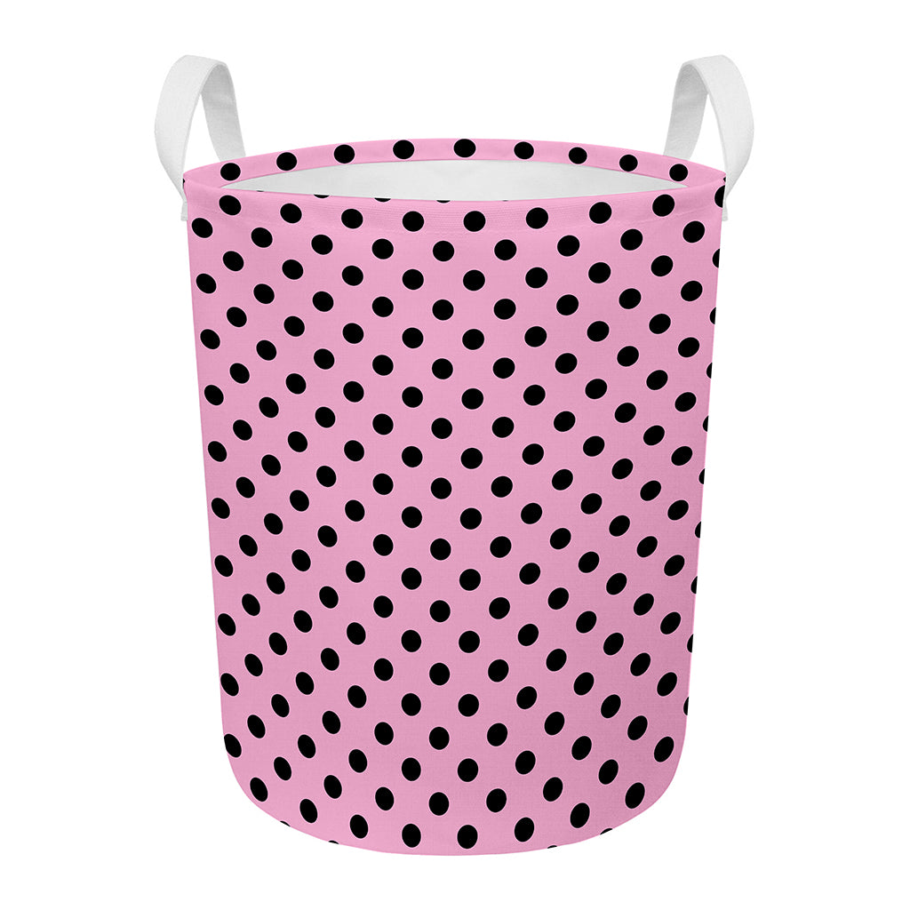 Pink And Black Polka Dot Pattern Print Round Laundry Basket