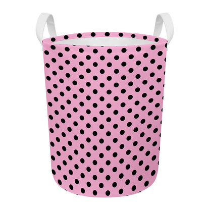 Pink And Black Polka Dot Pattern Print Round Laundry Basket