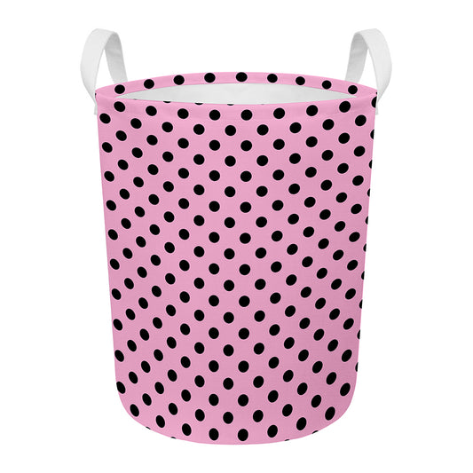 Pink And Black Polka Dot Pattern Print Round Laundry Basket