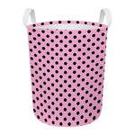 Pink And Black Polka Dot Pattern Print Round Laundry Basket