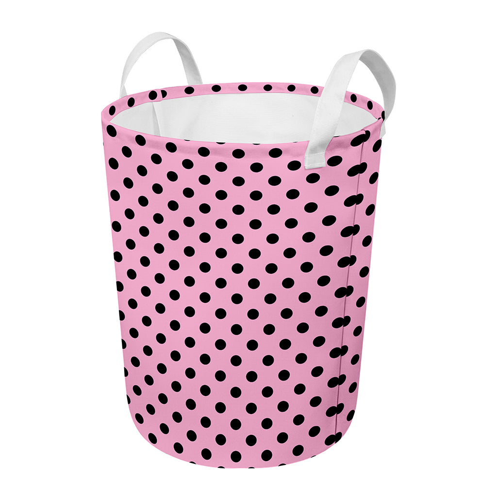 Pink And Black Polka Dot Pattern Print Round Laundry Basket