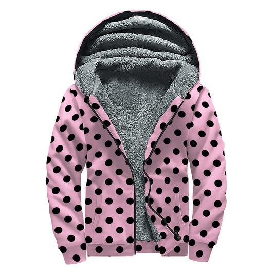 Pink And Black Polka Dot Pattern Print Sherpa Lined Zip Up Hoodie