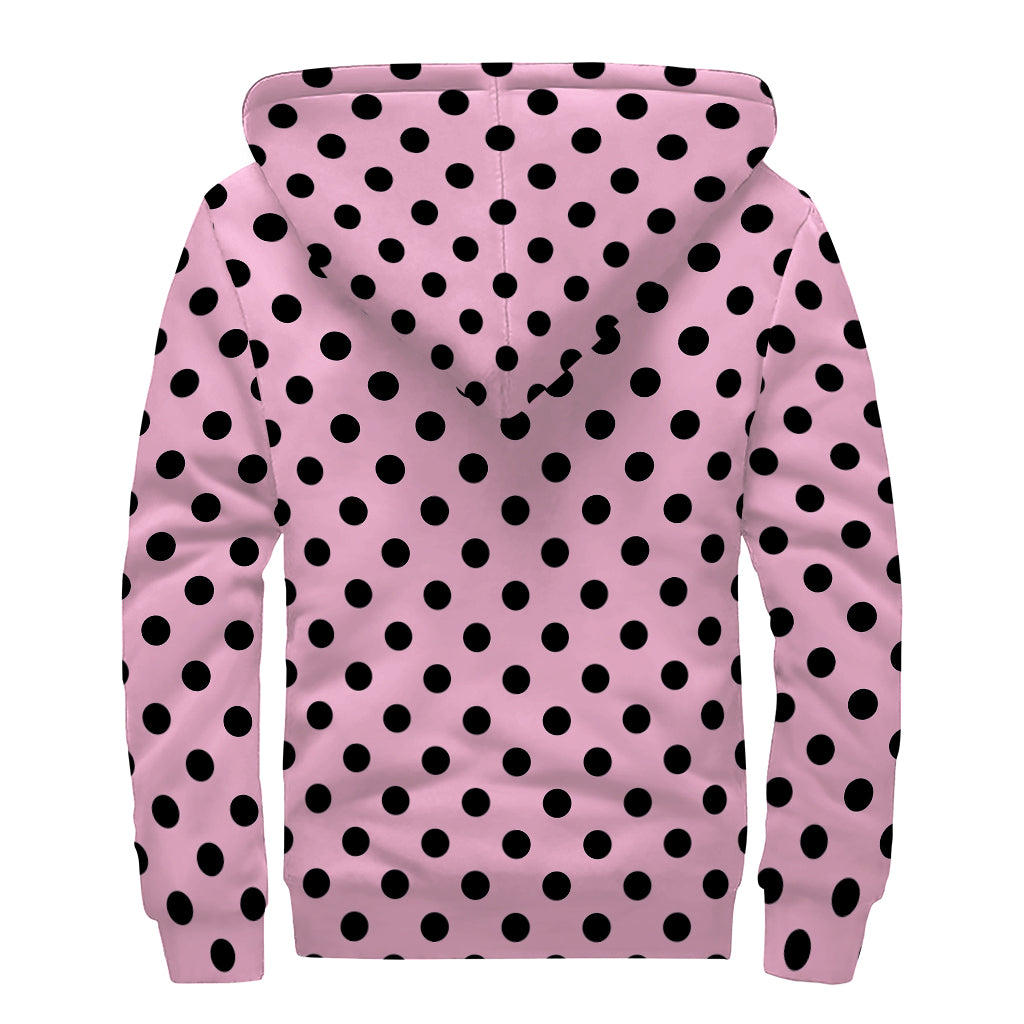 Pink And Black Polka Dot Pattern Print Sherpa Lined Zip Up Hoodie