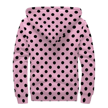 Pink And Black Polka Dot Pattern Print Sherpa Lined Zip Up Hoodie