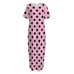 Pink And Black Polka Dot Pattern Print Short Sleeve Long Nightdress
