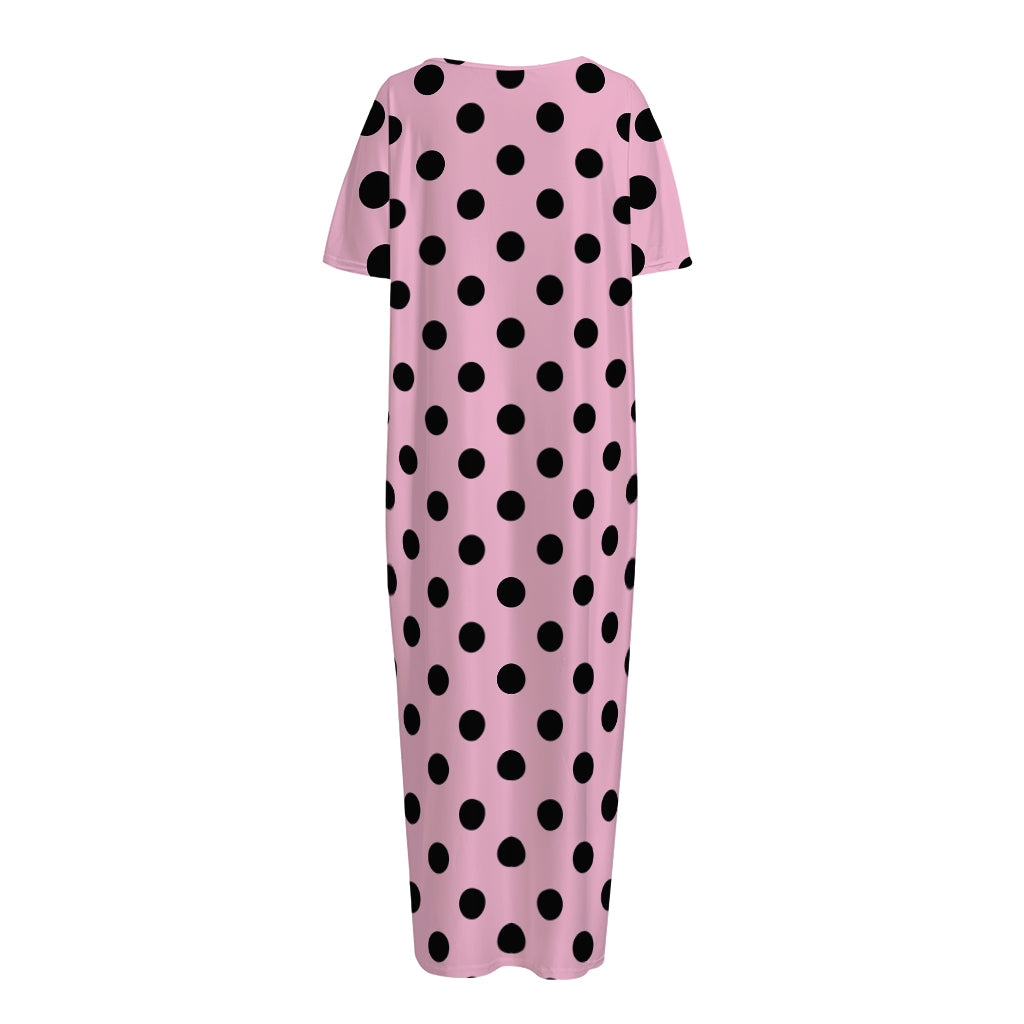 Pink And Black Polka Dot Pattern Print Short Sleeve Long Nightdress