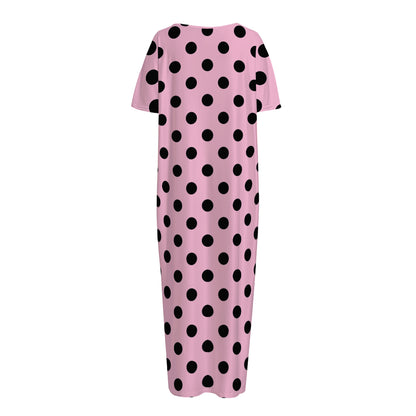 Pink And Black Polka Dot Pattern Print Short Sleeve Long Nightdress