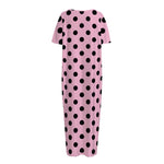 Pink And Black Polka Dot Pattern Print Short Sleeve Long Nightdress