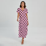 Pink And Black Polka Dot Pattern Print Short Sleeve Maxi Dress